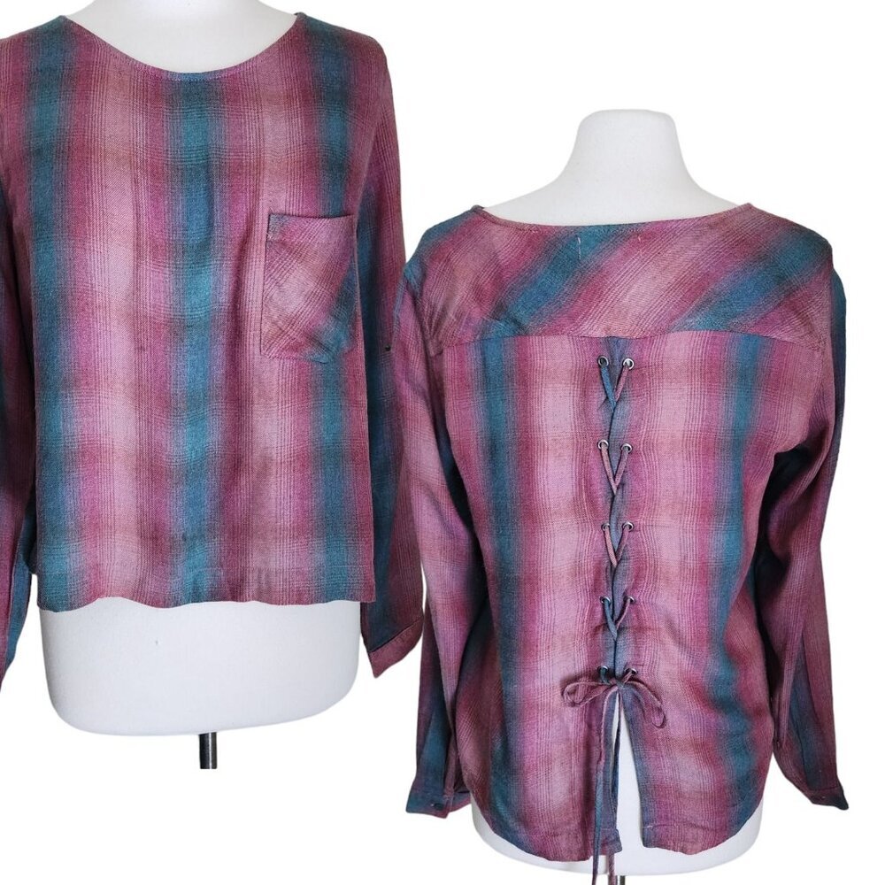 Cloth & Stone Top M Plaid Lace Up Back Cropped Long‎ Sleeve Shirt Blouse